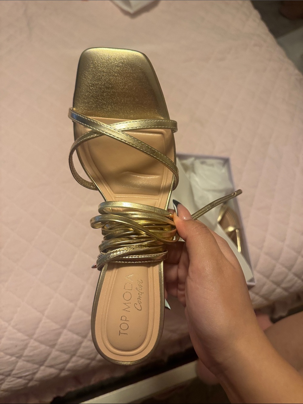 TOP Moda Metallic Gold Strappy Square-Toe Heel